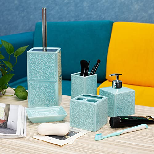 5 Pcs-Teal Blue Bathroom Accessories Sets Complete- Bathroom Accessories Set- Bathroom Accessory Set -Bathroom Accessories- Bathroom soap Dispenser Set