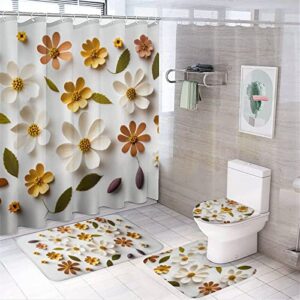 YSINOBEAR Spring Color Floral Shower Curtain Sets with Non-Slip Rug,Toilet Lid Cover and Bath Mat,Yellow and White Flowers Shower Curtain Sets with 12 Hooks,Durable Waterproof Shower Curtain.