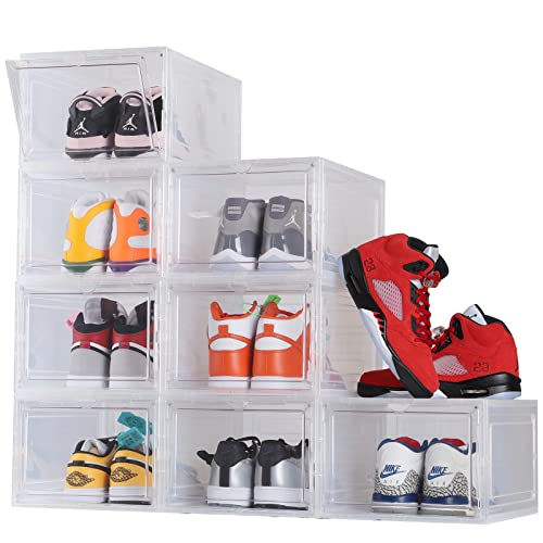 Shoe Organizer, 8 Packs Shoe Boxes Clear Plastic Stackable, Space Saving Collapsible Shoes Sneaker Container Storage Box, Shoe Boxes with Lids for Closet, Storage and Display (Transparent)