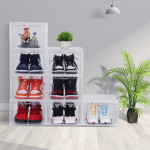 Shoe Organizer, 8 Packs Shoe Boxes Clear Plastic Stackable, Space Saving Collapsible Shoes Sneaker Container Storage Box, Shoe Boxes with Lids for Closet, Storage and Display (Transparent)