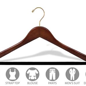 Wooden Suit Hangers with Walnut Finish and Velvet Non-Slip Bar, Space Saving Flat Hanger with Brass Swivel Hook & Notches (Set of 25) by The Great American Hanger Company