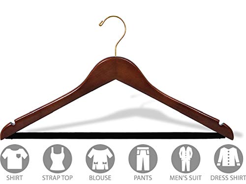 Wooden Suit Hangers with Walnut Finish and Velvet Non-Slip Bar, Space Saving Flat Hanger with Brass Swivel Hook & Notches (Set of 25) by The Great American Hanger Company