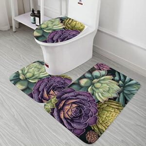 Habilboi Bathroom Rugs Sets 3 Piece with Toilet Cover, Bath Mats for Bathroom Non Slip, U-Shaped Contour Toilet Mat Succulent Patterns 20x32inch Bath Mats for Bathroom Floor