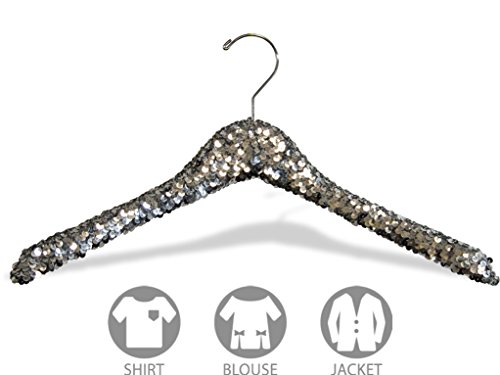 The Great American Hanger Company Silver Sequined Wooden Hanger, Curved 17 Inch Hanger with Hardwood Core and Polished Chrome Swivel Hook