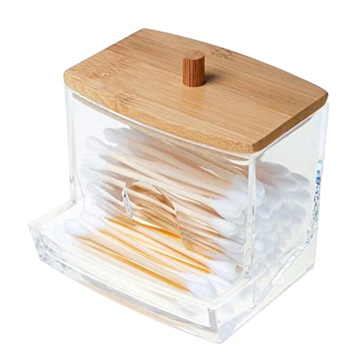 YAMHOHO Cotton Swab Pad Holder, Cotton Swab Ball Dispenser, Bathroom Container Jar Storage Box, Clear Medicine Jar 1 Piece, Cotton Swab Pad Storage Dispenser, Bamboo Lid (square-shaped)