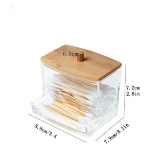 YAMHOHO Cotton Swab Pad Holder, Cotton Swab Ball Dispenser, Bathroom Container Jar Storage Box, Clear Medicine Jar 1 Piece, Cotton Swab Pad Storage Dispenser, Bamboo Lid (square-shaped)