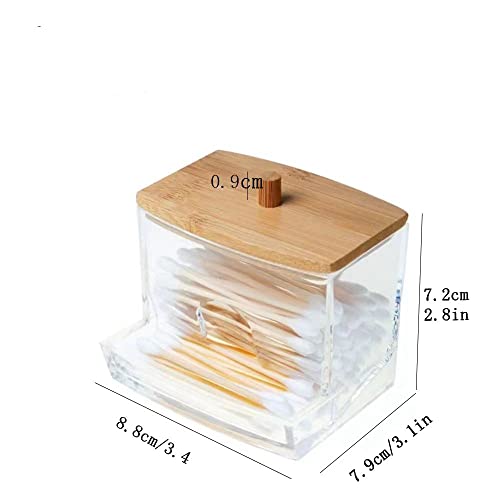 YAMHOHO Cotton Swab Pad Holder, Cotton Swab Ball Dispenser, Bathroom Container Jar Storage Box, Clear Medicine Jar 1 Piece, Cotton Swab Pad Storage Dispenser, Bamboo Lid (square-shaped)