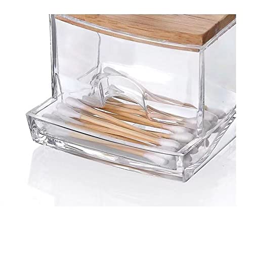 YAMHOHO Cotton Swab Pad Holder, Cotton Swab Ball Dispenser, Bathroom Container Jar Storage Box, Clear Medicine Jar 1 Piece, Cotton Swab Pad Storage Dispenser, Bamboo Lid (square-shaped)