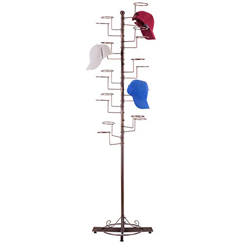 MyGift Modern Large Freestanding Hat Rack Stand, Dark Brown Metal Retail Wig or Hat Display Stand with 20 Customizable Circular Hooks