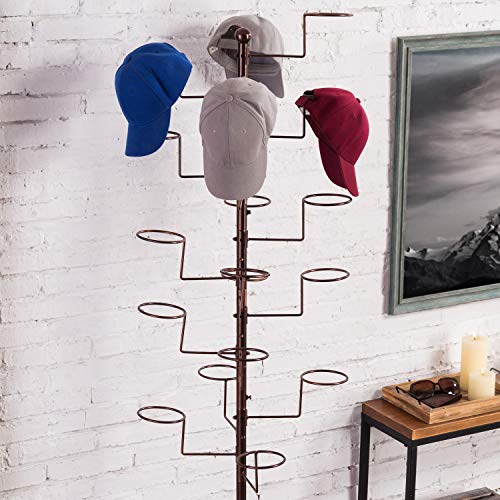 MyGift Modern Large Freestanding Hat Rack Stand, Dark Brown Metal Retail Wig or Hat Display Stand with 20 Customizable Circular Hooks