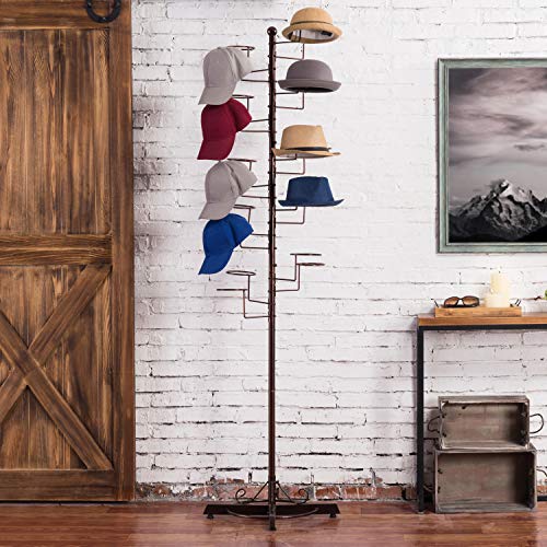 MyGift Modern Large Freestanding Hat Rack Stand, Dark Brown Metal Retail Wig or Hat Display Stand with 20 Customizable Circular Hooks