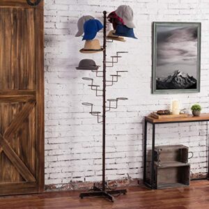 MyGift Modern Large Freestanding Hat Rack Stand, Dark Brown Metal Retail Wig or Hat Display Stand with 20 Customizable Circular Hooks