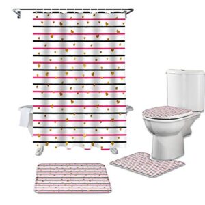 bestlives valentines shower curtain sets with rugs stripe gold love hear soft toilet lid cover for bathroom classic black pink stripe 4 pcs bathroom sets with bath mat and 12 hooks