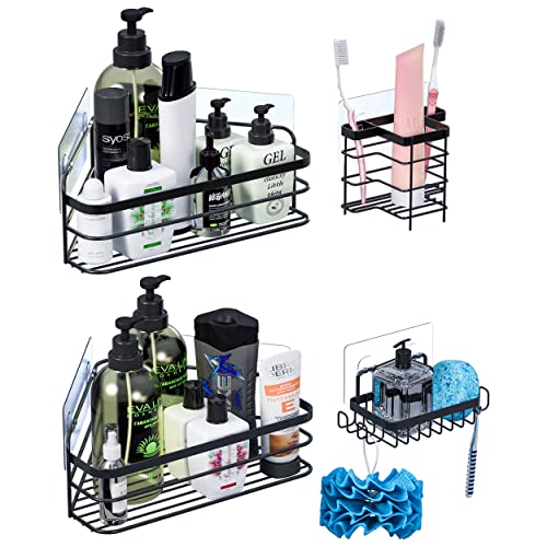 Supfirm Corner Shower Caddy, No Drilling Wall Mounted Stainless Steel Adhesive Shower Organizer with Hooks, Storage Organizer for Bathroom and Kitchen (Black 4-pack)