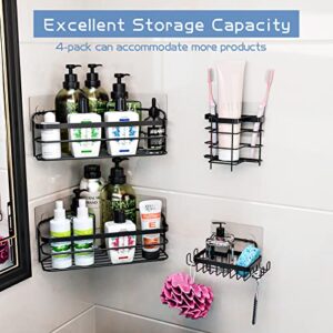 Supfirm Corner Shower Caddy, No Drilling Wall Mounted Stainless Steel Adhesive Shower Organizer with Hooks, Storage Organizer for Bathroom and Kitchen (Black 4-pack)