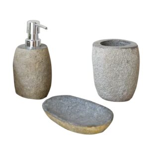 joglo living - river stone bathroom accessories set, natural stone hand soap dispenser with bronze or silver pump, toothbrush holder, soap dish (silver pump), grey