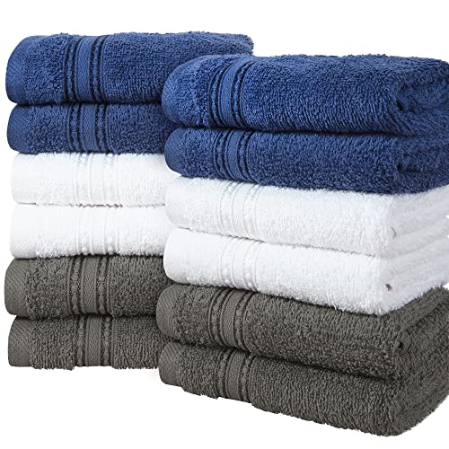 ERINA Cotton Washcloths Set of 12, Heavy GSM 100% Pure Combed Cotton Washcloths 12 x 12 Inch, Highly Absorbent Face Towels, and Quick Drying Fingertip Towels for Daily Use (Multi-Dark)