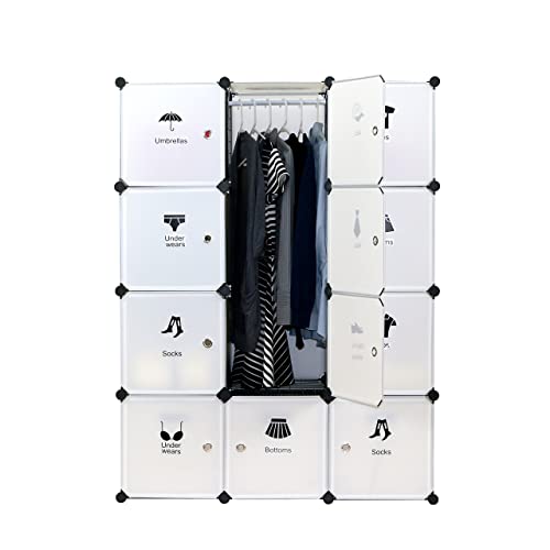 UNICOO - Multi Use DIY Plastic 12 Cube Organizer, Toy Organizer, Bookcase, Storage Cabinet, Wardrobe Closet White with Door Sticker (Deeper Cube - White)