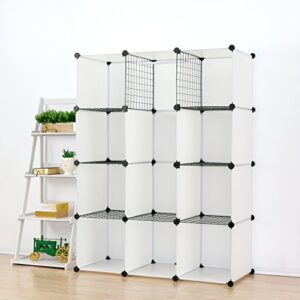 UNICOO - Multi Use DIY Plastic 12 Cube Organizer, Toy Organizer, Bookcase, Storage Cabinet, Wardrobe Closet White with Door Sticker (Deeper Cube - White)
