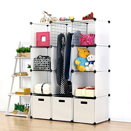 UNICOO - Multi Use DIY Plastic 12 Cube Organizer, Toy Organizer, Bookcase, Storage Cabinet, Wardrobe Closet White with Door Sticker (Deeper Cube - White)