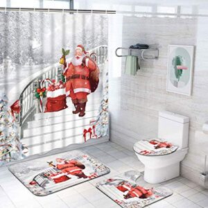 4 pcs merry christmas shower curtain sets with non-slip bathroom rugs, toilet lid cover and bath mat, santa claus shower curtain with 12 hooks, christmas bathroom sets with shower curtain and rugs