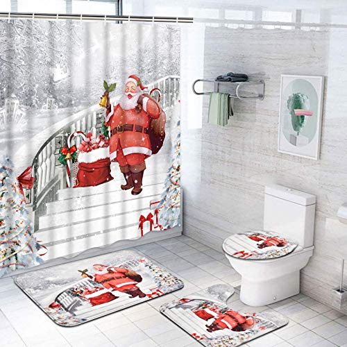 4 Pcs Merry Christmas Shower Curtain Sets with Non-Slip Bathroom Rugs, Toilet Lid Cover and Bath Mat, Santa Claus Shower Curtain with 12 Hooks, Christmas Bathroom Sets with Shower Curtain and Rugs