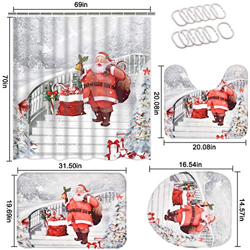 4 Pcs Merry Christmas Shower Curtain Sets with Non-Slip Bathroom Rugs, Toilet Lid Cover and Bath Mat, Santa Claus Shower Curtain with 12 Hooks, Christmas Bathroom Sets with Shower Curtain and Rugs