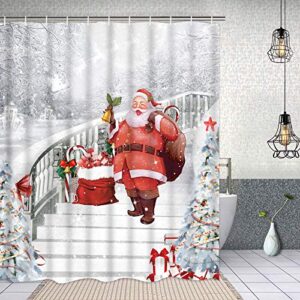 4 Pcs Merry Christmas Shower Curtain Sets with Non-Slip Bathroom Rugs, Toilet Lid Cover and Bath Mat, Santa Claus Shower Curtain with 12 Hooks, Christmas Bathroom Sets with Shower Curtain and Rugs