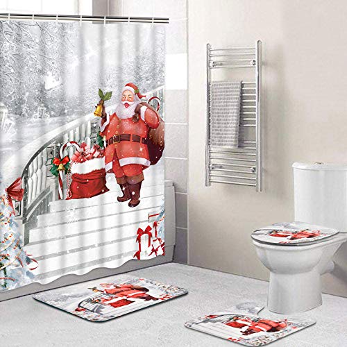 4 Pcs Merry Christmas Shower Curtain Sets with Non-Slip Bathroom Rugs, Toilet Lid Cover and Bath Mat, Santa Claus Shower Curtain with 12 Hooks, Christmas Bathroom Sets with Shower Curtain and Rugs