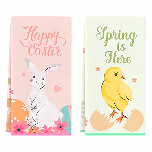 Cheroloven Easter Rabbit Eggs Kitchen Towels, Seasonal Spring Chicken Dish Towels, 2 Pack Easter Hand Towels for Kitchen Bathroom, Cute Spring Home Decor Housewarming Gifts