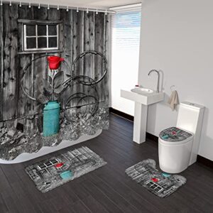 4 piece country farmhouse life blue pot flowers red rose shower curtains sets with non-slip rugs, toilet lid cover and bath mat, bathroom sets with shower curtain and rugs and accessories