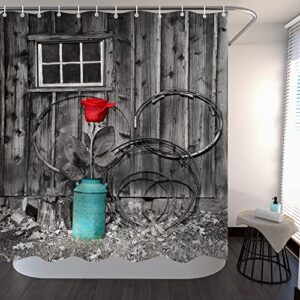 4 Piece Country Farmhouse Life Blue Pot Flowers Red Rose Shower Curtains Sets with Non-Slip Rugs, Toilet Lid Cover and Bath Mat, Bathroom Sets with Shower Curtain and Rugs and Accessories