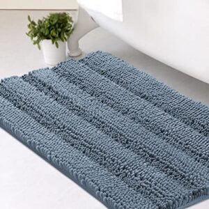 bath rugs for bathroom non slip bath mats extra thick chenille striped rug 20" x 32" absorbent non skid fluffy soft shaggy washable dry fast plush mat for indoor, bath room, tub - stone blue
