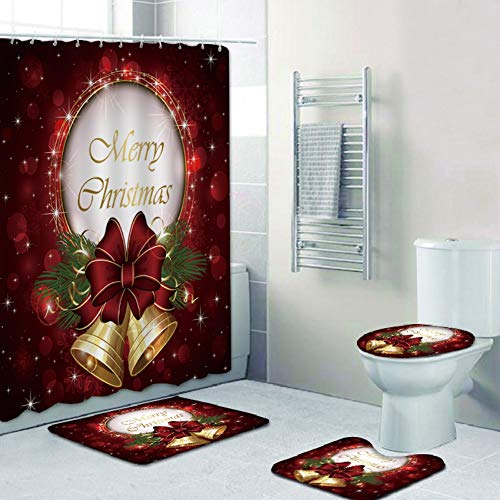 4Pcs/Set Christmas Shower Curtain Waterproof Polyester Bath Curtain Non-Slip Pedestal Rugs Toilet Lid Cover and Bath Mat Set with 12 Hooks Home Bathroom Decor Xmas