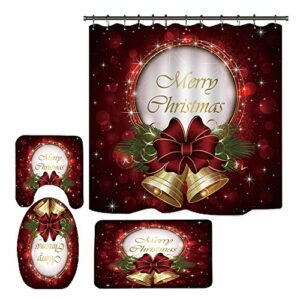 4Pcs/Set Christmas Shower Curtain Waterproof Polyester Bath Curtain Non-Slip Pedestal Rugs Toilet Lid Cover and Bath Mat Set with 12 Hooks Home Bathroom Decor Xmas