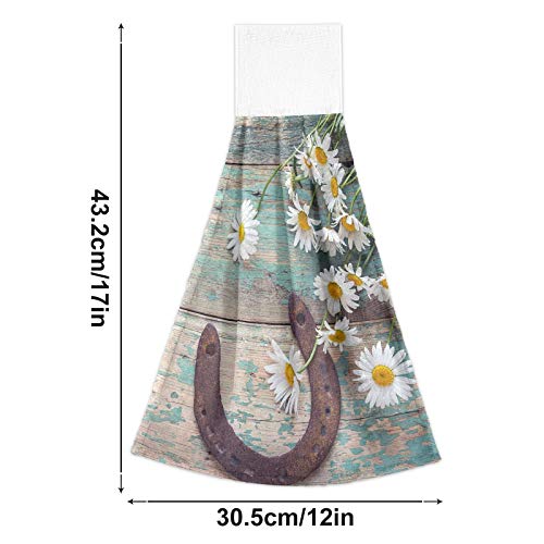 Rusty Horseshoe Daisies On Wood 2 Pcs Hanging Kitchen Hand Towels, Hanging Tie Towels with Hook & Loop Washcloth Dishcloths Sets Decorative Absorbent Tea Bar Bath Hand Towel