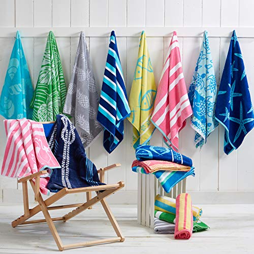 Great Bay Home Large Beach Towel Set of 2 - Pineapple and Striped Beach Towels for Adults and Velour Pool Towels 100% Cotton - Lightweight Quick Dry Beach Towel Pack - Beach Towel for Travel