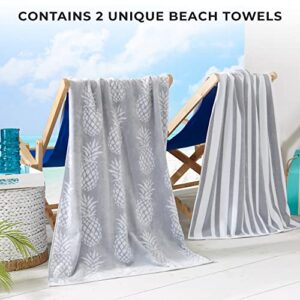 Great Bay Home Large Beach Towel Set of 2 - Pineapple and Striped Beach Towels for Adults and Velour Pool Towels 100% Cotton - Lightweight Quick Dry Beach Towel Pack - Beach Towel for Travel