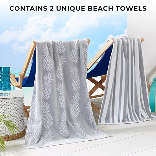 Great Bay Home Large Beach Towel Set of 2 - Pineapple and Striped Beach Towels for Adults and Velour Pool Towels 100% Cotton - Lightweight Quick Dry Beach Towel Pack - Beach Towel for Travel