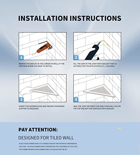 Bernkot Corner Shower Shelf 10" Brushed 304 Stainless Steel Tile Inserted Corner Shelf Recessed Bathroom Shower Shelf for Tiled Wall, No Drilling Needed