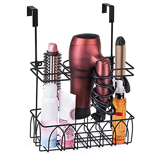 Alsonerbay Hair Dryer Holder Wall-Mounted/Door-Hanging Hair Tool Storage Caddy Bathroom Metal Basket for Hair Care & Styling Tool Multifunctional Hair Tool Organizer 3 Sections - Black