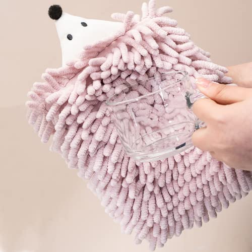 Cute Hedgehog Chenille Hand Drying Towels for Kitchen and Bathroom, Hanging Funny Hand Microfiber Towel with Button Loop, Set of 4