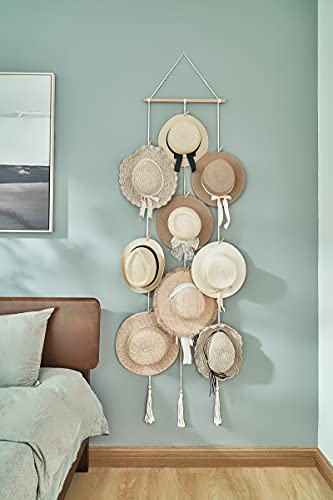 Mkono Hat Rack Hat Hangers for Wall Boho Caps Storage Display Organizer and Straw Sun Hat Womens Beach Hat with Decorative Tassels