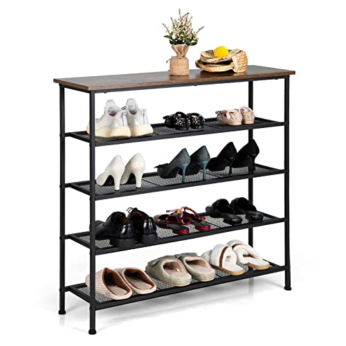 Giantex 5-Tier Shoe Rack, Industrial Adjustable Metal Shoe Storage Organizer w/ 4 Metal Mesh Shelves for 16-20 Pairs, Adjustable Feet, Heavy Duty Steel Frame, for Entryway, Hallway, Dorm, Rustic Brown