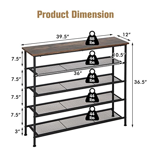 Giantex 5-Tier Shoe Rack, Industrial Adjustable Metal Shoe Storage Organizer w/ 4 Metal Mesh Shelves for 16-20 Pairs, Adjustable Feet, Heavy Duty Steel Frame, for Entryway, Hallway, Dorm, Rustic Brown