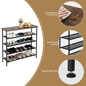 Giantex 5-Tier Shoe Rack, Industrial Adjustable Metal Shoe Storage Organizer w/ 4 Metal Mesh Shelves for 16-20 Pairs, Adjustable Feet, Heavy Duty Steel Frame, for Entryway, Hallway, Dorm, Rustic Brown