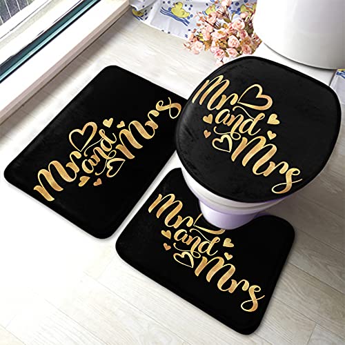 Wondertify Mr and Mrs Bathroom Antiskid Pad Gold Glitter Typography 3 Pieces Bathroom Rugs Set, Bath Mat+Contour+Toilet Lid Cover Black