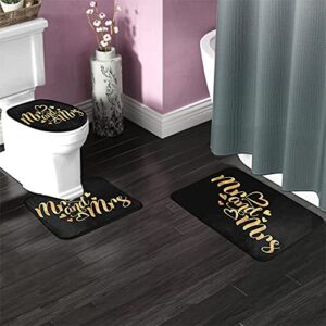 Wondertify Mr and Mrs Bathroom Antiskid Pad Gold Glitter Typography 3 Pieces Bathroom Rugs Set, Bath Mat+Contour+Toilet Lid Cover Black