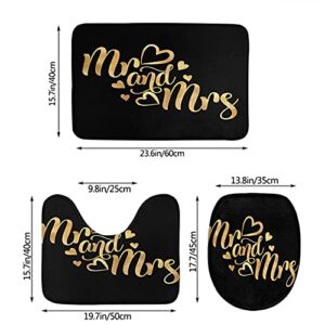 Wondertify Mr and Mrs Bathroom Antiskid Pad Gold Glitter Typography 3 Pieces Bathroom Rugs Set, Bath Mat+Contour+Toilet Lid Cover Black