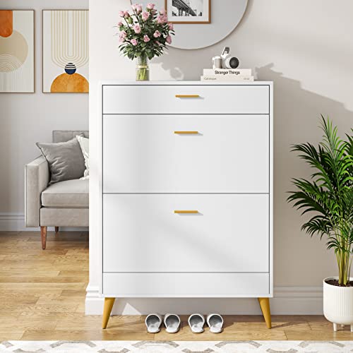 Tribesigns Shoe Cabinet, White Slim Shoe Storage Cabinet for Entryway, Modern 16 Pair Thin Shoe Rack Organizer with 2 Flip Drawers